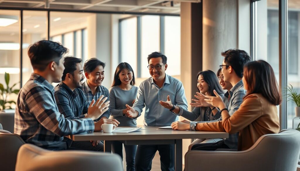 A contemporary office setting with a team of young, professional Japanese-looking individuals engaged in a lively discussion. The scene is bathed in warm, natural lighting filtered through large windows, creating a relaxed yet focused atmosphere. The foreground features a diverse group of men and women gathered around a table, gesturing animatedly as they collaborate on a task. In the middle ground, a senior consultant guides the team, offering insights and guidance. The background showcases the sleek, modern design of the office, with minimalist furniture and décor complementing the overall aesthetic. The mood is one of productive collaboration and the shared purpose of helping others navigate the complexities of career transitions.