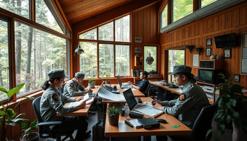 A cozy and modern ranger station nestled in a lush, verdant forest. Through large windows, sunlight filters in, illuminating the spacious open-plan layout with wood-paneled walls and sleek, ergonomic workstations. A team of young, focused Japanese rangers collaborate at communal desks, their expressions serious yet determined as they pore over topographic maps and environmental data. Potted plants and nature-inspired decor create a calm, nature-centric atmosphere, while state-of-the-art equipment and monitoring systems hint at the technological sophistication of their work. An atmosphere of professionalism and environmental stewardship pervades the scene.