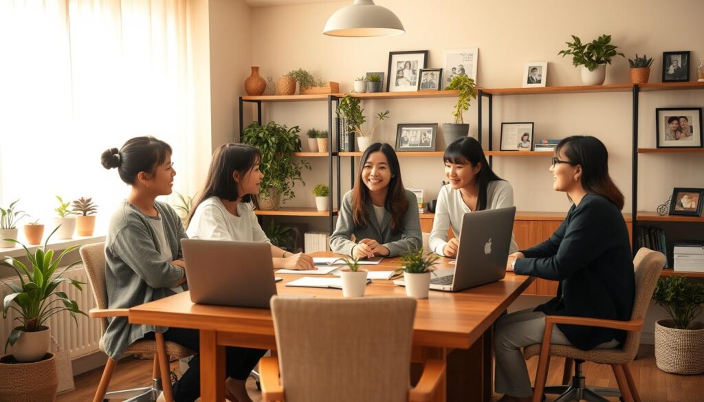 A cozy and welcoming social work office, with a group of diligent professionals collaborating around a sturdy wooden desk. Warm lighting illuminates the space, creating a calming atmosphere. The team, composed of young, Japanese-looking individuals, engages in animated discussions, their expressions reflecting empathy and dedication. Potted plants and family photos adorn the shelves, personifying the nurturing environment. Soft beige tones and natural textures blend harmoniously, evoking a sense of comfort and professionalism. The scene captures the essence of a supportive, close-knit social work community, dedicated to making a positive impact.