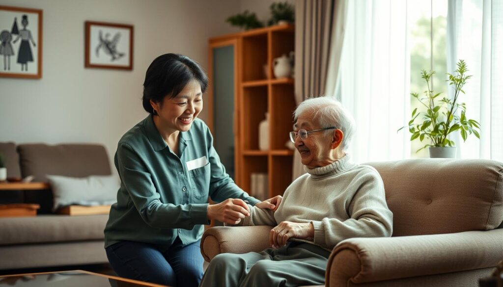 A cozy and well-equipped home setting, with a kind, attentive home healthcare worker assisting an elderly Japanese client with everyday tasks. The worker, a young Japanese woman with a warm, compassionate expression, gently guides the client, who sits comfortably in a plush armchair. The scene is bathed in soft, natural lighting, creating a calming, intimate atmosphere. The middle ground features a tidy living room with tasteful decor, while the background suggests a modest, comfortable home environment. This image conveys the care, dignity, and personal connection that defines the role of a home healthcare professional.