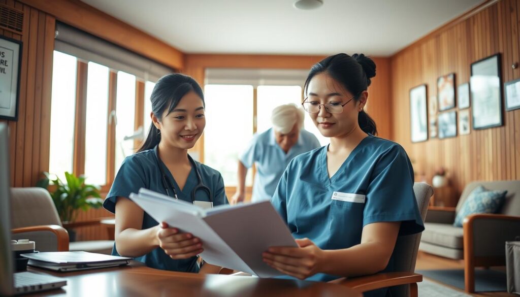 A cozy and well-lit home care worker's office, with warm wooden accents and comfortable furnishings. In the foreground, a young Japanese-looking care worker sits at a desk, reviewing patient files with a focused expression. Behind them, another care worker assists an elderly patient, guiding them gently. The walls are adorned with motivational posters and certificates, conveying a sense of professionalism and dedication. Soft, natural lighting filters in through large windows, creating a calming atmosphere. The room exudes a welcoming and nurturing environment, reflecting the compassionate nature of the home care profession.