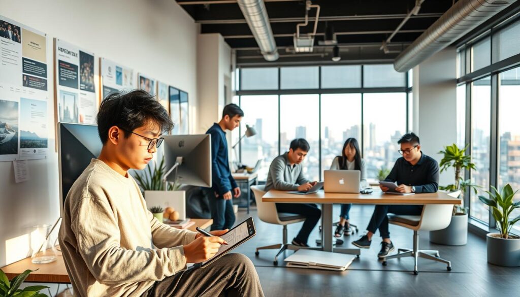 A cozy and well-lit open-plan office, featuring a group of young, focused Japanese-looking web designers at work. In the foreground, a designer intently sketches on a tablet, surrounded by a sleek computer setup and inspirational mood boards. In the middle ground, another designer collaborates with a teammate on a laptop, discussing wireframes and layouts. In the background, a large window floods the space with natural light, showcasing the cityscape beyond. The atmosphere is one of concentration, creativity, and the collaborative energy of a modern web design studio.