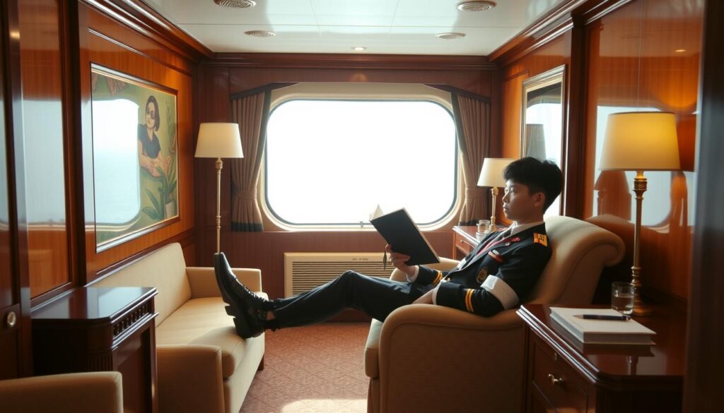 A cozy and well-lit stateroom aboard a grand ocean liner, with a young Japanese-looking passenger lounging on a plush armchair, reading a book. The room is tastefully furnished with polished wood paneling, a large picture window offering a view of the open sea, and a small desk neatly arranged with writing implements. The passenger's uniform, crisp and tailored, suggests their role as a meticulous and attentive purser, ensuring the comfort and satisfaction of the ship's guests. A sense of quiet professionalism and devotion to duty permeates the scene, capturing the essence of the purser's daily life aboard the vessel.