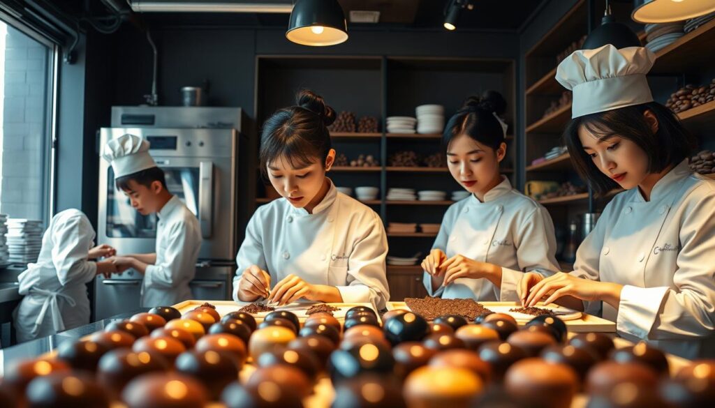A cozy, artfully-lit studio showcasing a group of talented young Japanese-looking chocolatiers in crisp white uniforms, meticulously crafting intricate chocolate confections. The foreground features an array of glistening, jewel-toned chocolates, while the mid-ground captures the chocolatiers at work, their faces focused and expressions serene. The background reveals a neatly organized workspace, with gleaming stainless steel equipment and shelves laden with cocoa beans and other ingredients. Warm lighting casts a soft, inviting glow throughout the scene, evoking the artistry and care that goes into each chocolate creation. The overall impression is one of skilled professionalism, attention to detail, and a passion for the craft of chocolate-making.