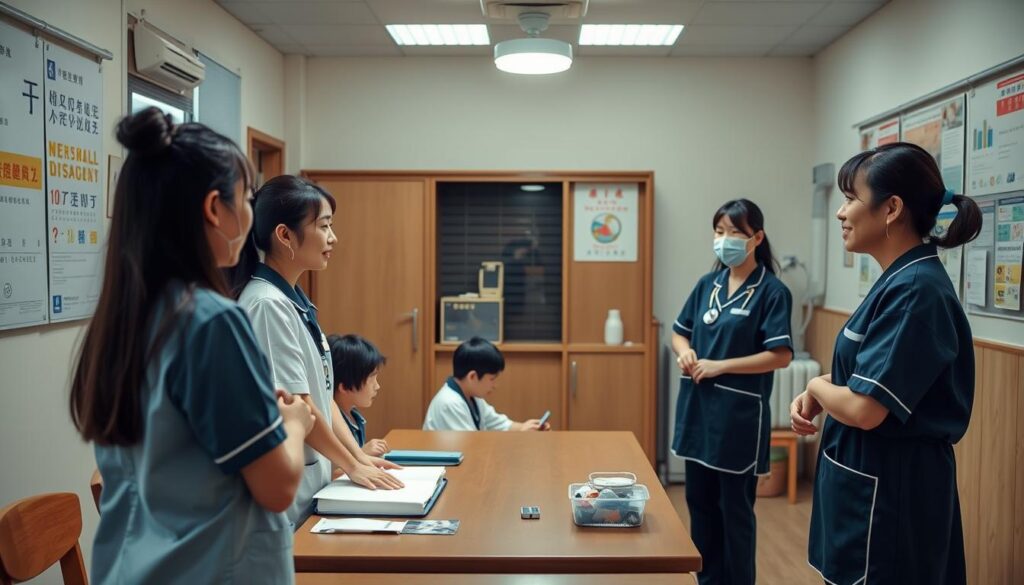 A cozy classroom setting with young Japanese-looking individuals engaged in a hands-on training session. Soft, natural lighting illuminates the scene, creating a warm and inviting atmosphere. The students, clad in medical uniforms, are intently focused on learning essential caregiving skills from their instructor, who stands at the front of the class demonstrating proper techniques. Posters and educational materials line the walls, reinforcing the educational nature of the environment. The overall mood is one of attentive learning and the pursuit of knowledge necessary for a fulfilling career in the caregiving profession.