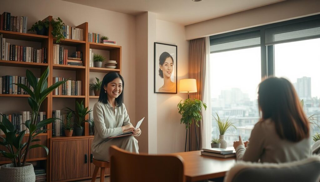 A cozy counseling office with a serene ambiance. In the foreground, a young Japanese-looking counselor with dark hair sits at a wooden desk, engaging attentively with a client. The middle ground features a bookshelf filled with self-help volumes and calming potted plants. The background showcases a large window overlooking a tranquil urban cityscape, bathed in warm, natural lighting. The scene exudes a sense of empathy, professionalism, and a welcoming atmosphere conducive to meaningful therapeutic sessions.