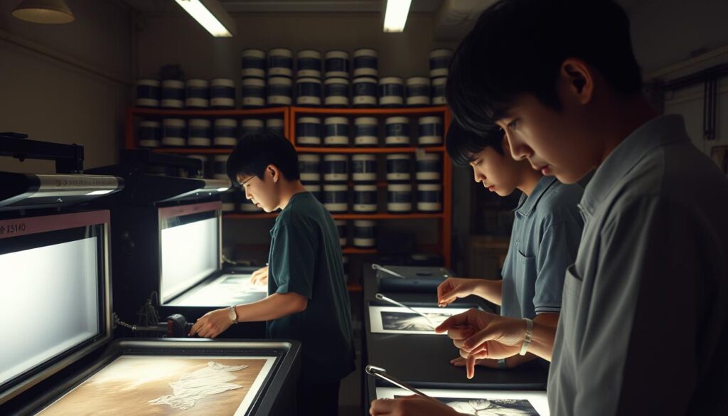 A cozy darkroom illuminated by the warm glow of an enlarger, young Japanese photographers carefully tending to the photographic process. They meticulously monitor the chemical baths, carefully controlling exposure times to develop the latent images on the film. The air is thick with the scent of fixer, their brows furrowed in concentration as they watch the details emerge on pristine photo paper. In the background, shelves of neatly organized film canisters and tongs stand ready, the tools of their craft. The atmosphere is one of quiet focus, a reverence for the analog art of photography and the craft of the darkroom technician.