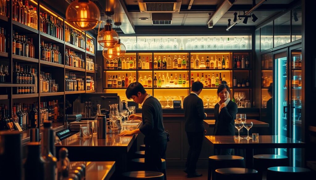 A cozy, dimly lit bar interior, the counter and shelves stocked with an array of gleaming bottles and glassware. In the foreground, a group of young Japanese bartenders, their faces determined as they prepare the space, wiping down surfaces, stocking fridges, and arranging intricate cocktail ingredients. Soft, warm lighting casts a golden glow, creating an atmosphere of anticipation and excitement for the bar's grand opening. The middle ground features tables and stools, awaiting their first customers, while the background reveals a sleek, modern design aesthetic with subtle Japanese influences. A sense of meticulous attention to detail and passion for the craft permeates the scene, capturing the essence of the bartender's profession and the excitement of starting a new venture.