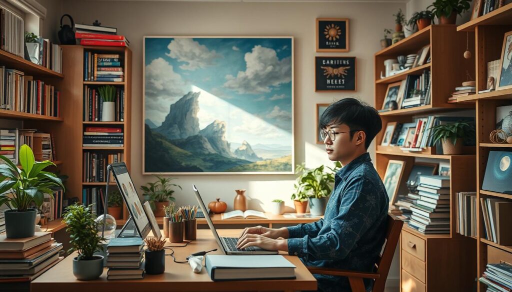 A cozy home office setting with a young Japanese-looking author sitting at a desk, working intently on a laptop. The room is filled with bookshelves, potted plants, and an array of creative trinkets and art supplies, hinting at their diverse creative pursuits. Warm, natural lighting filters through the windows, casting a serene ambiance. In the background, a large, fantastical landscape painting on the wall suggests the author's imaginative literary works. The overall scene conveys a sense of a multi-talented individual balancing their primary writing career with various side projects and income streams.
