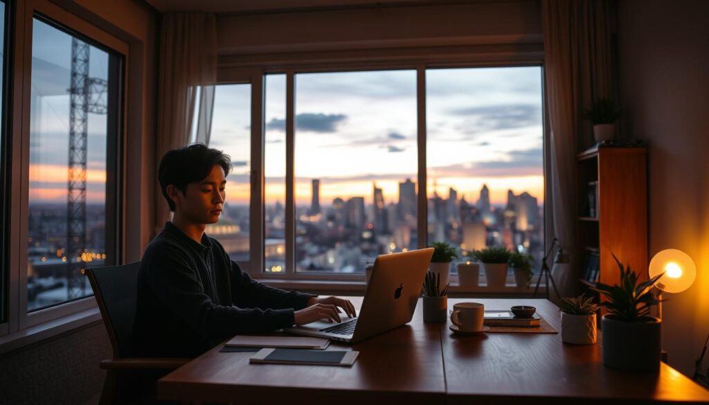 A cozy home office with a large window overlooking a tranquil city skyline at dusk. A young Japanese-looking freelance writer sits at a minimalist wooden desk, laptop open and a cup of coffee nearby. Soft, warm lighting casts a serene glow, while natural light filters in, creating a contemplative atmosphere. The writer's workspace is neatly organized, with a few plants and a bookshelf in the background. The writer appears focused, with a pensive expression, embodying the balance between the professional and personal aspects of the freelance lifestyle.