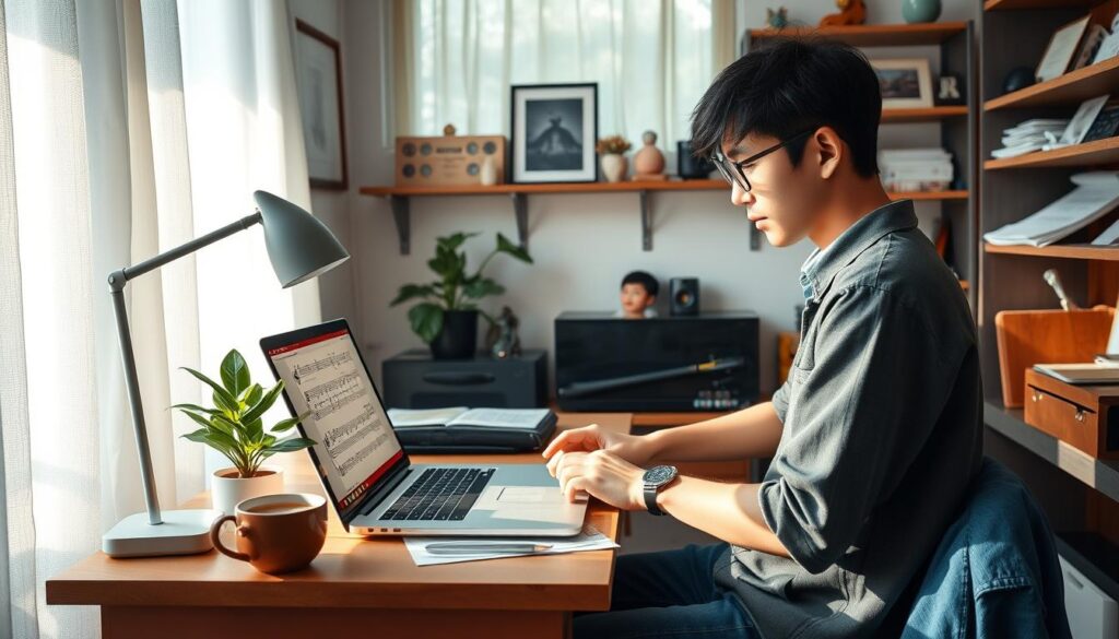 A cozy home office with a young Japanese freelance composer working remotely at their desk. Soft natural light filters through sheer curtains, casting a warm glow on the scene. The composer is intently focused, fingers dancing across a digital music score on their laptop. Shelves line the walls, filled with sheet music, instruments, and personal mementos. A potted plant and a mug of steaming tea complete the serene, productive atmosphere. The room conveys a sense of quiet determination and work-life balance as the composer embraces the benefits of remote work.
