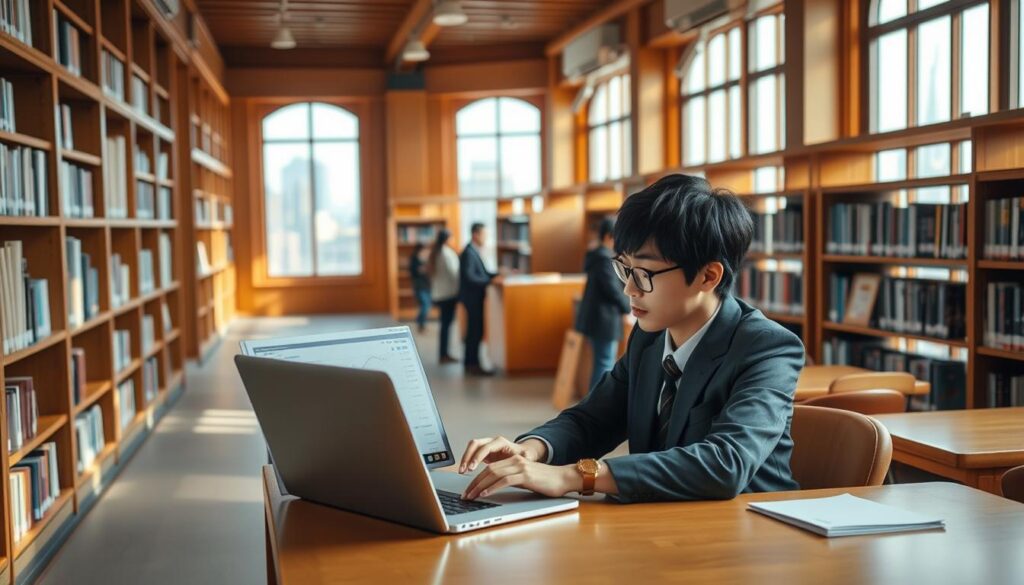 A cozy library interior, with warm wooden shelves lining the walls and soft, natural lighting filtering in through large windows. In the foreground, a young, neatly dressed Japanese librarian sits at a wooden desk, thoughtfully analyzing financial data displayed on a laptop screen. The middle ground features a few patrons browsing the stacks, creating a sense of activity and purpose. In the background, a vista of city skyline can be seen through the windows, hinting at the urban setting. The overall atmosphere is one of quiet contemplation and professional diligence, reflecting the focused work of a librarian delving into the nuances of their career's earnings.