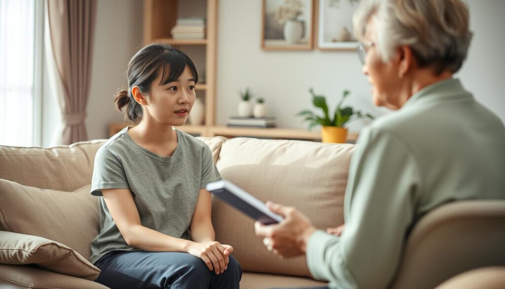 A cozy living room scene with a young Japanese woman in casual attire, sitting on a comfortable sofa. She is attentively listening to an older woman, likely a home care worker, who is explaining various services and assistance available to support independent living. The room has a warm, inviting atmosphere, with soft lighting and minimal decor, allowing the focus to remain on the interaction between the two figures. The scene conveys a sense of care, understanding, and the range of everyday tasks and activities that a home care professional might assist with, such as meal preparation, housekeeping, and personal care.