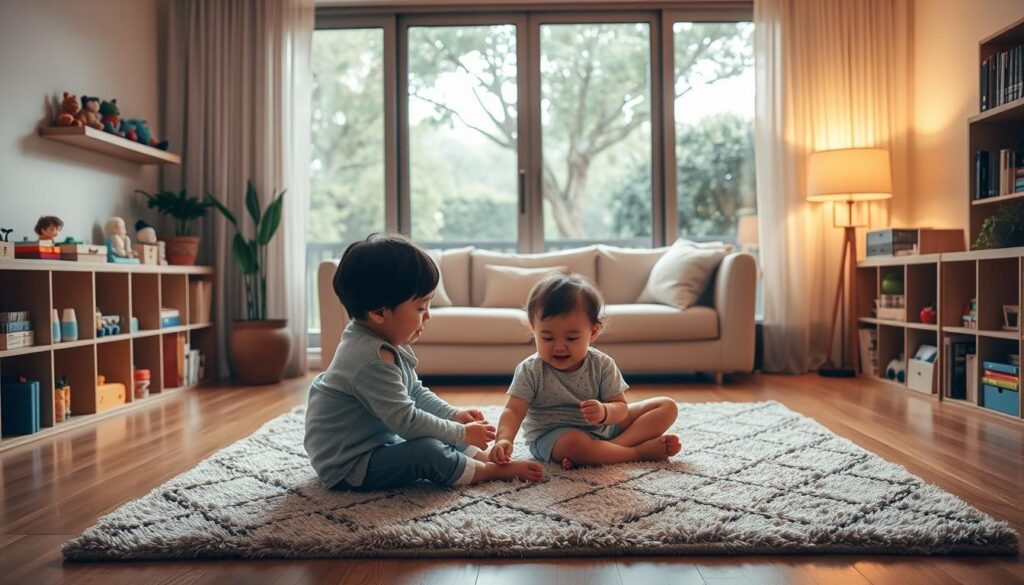 A cozy living room setting, bathed in warm lighting. In the center, a young, Japanese-looking nanny sits cross-legged on a plush rug, engaging a toddler in a playful activity. Shelves line the walls, filled with toys and books. Through a large window, a lush garden scene is visible, with trees swaying gently. The nanny's expression is kind and attentive, conveying a sense of nurturing care. The toddler's face is animated, their interactions with the nanny tender and joyful. The scene emanates a peaceful, domestic atmosphere, illustrating the typical employment setting and responsibilities of a professional nanny.