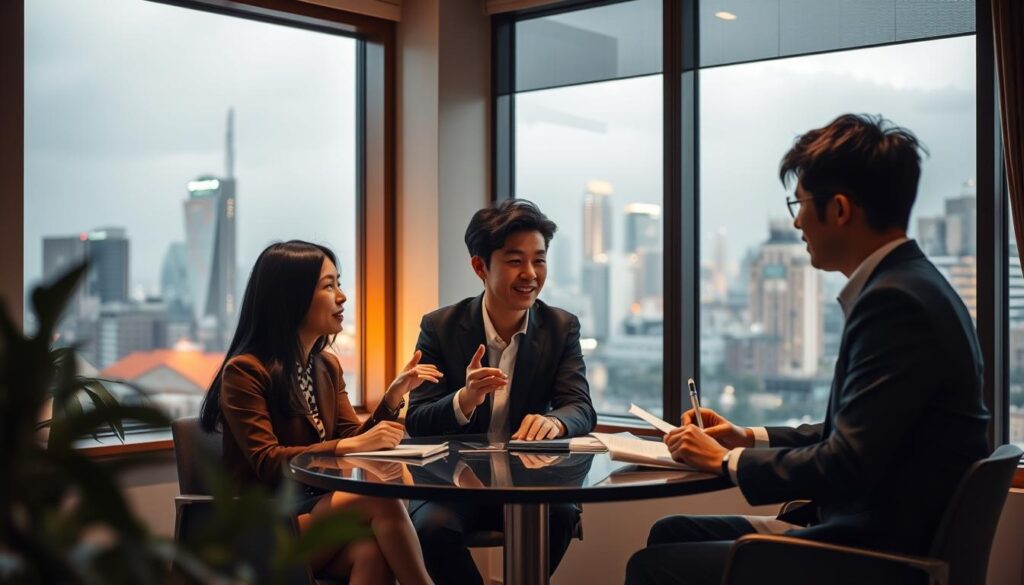 A cozy, modern office space with a large window overlooking a bustling city skyline. Three young, professional-looking Japanese individuals sit around a table, engaged in an animated discussion. They lean in towards each other, gesturing and taking notes, their expressions focused and intent. Soft, warm lighting illuminates the scene, casting a gentle glow on their faces. The room is filled with an atmosphere of collaboration and deep thought, as they explore strategies and techniques for effective career consulting. The composition is balanced, with the figures occupying the foreground and the urban landscape visible in the background, creating a sense of context and connection.
