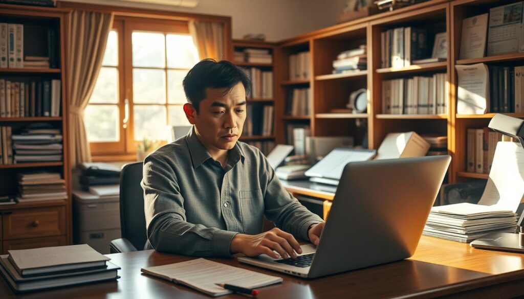 A cozy office interior with a hardworking Japanese-looking accountant calculating financial reports at a wooden desk. Warm lighting filters through the window, casting a golden glow on the meticulously organized workspace. Bookcases line the walls, filled with accounting ledgers and business documents. The accountant's face is focused, brow furrowed in concentration as they input data into a laptop computer. The atmosphere is one of diligent professionalism, reflecting the intricate details and meticulous nature of the work undertaken by this skilled "写譜屋" or professional music copyist.