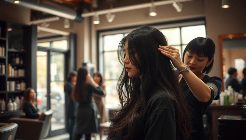 A cozy salon interior, filled with the aroma of haircare products and the gentle hum of conversation. In the foreground, a skilled hairstylist meticulously shapes and sculpts the locks of a young, Japanese-inspired model, their black hair cascading gracefully. Soft, natural lighting filters in through large windows, casting a warm glow over the scene. The stylist, with focused precision, applies hair treatments, trims ends, and styles the hair into a chic, contemporary look. In the background, other stylists tend to their own clients, creating a lively, collaborative atmosphere. The overall mood is one of tranquility and artistry, showcasing the delicate craft of the modern hairstylist.