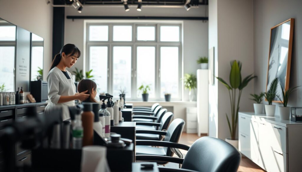 A cozy salon interior with natural lighting filtering through large windows, casting a warm glow. In the foreground, a young Japanese woman in a crisp white apron stands behind a sleek black styling station, her hands delicately working on a client's hair. The middle ground showcases an array of modern, minimalist styling tools and hair products neatly arranged, hinting at the salon's dedication to professionalism. In the background, a clean, minimalist décor with a few potted plants and abstract artwork creates a serene, inviting atmosphere, perfect for the independent beautician's dream of starting their own business.