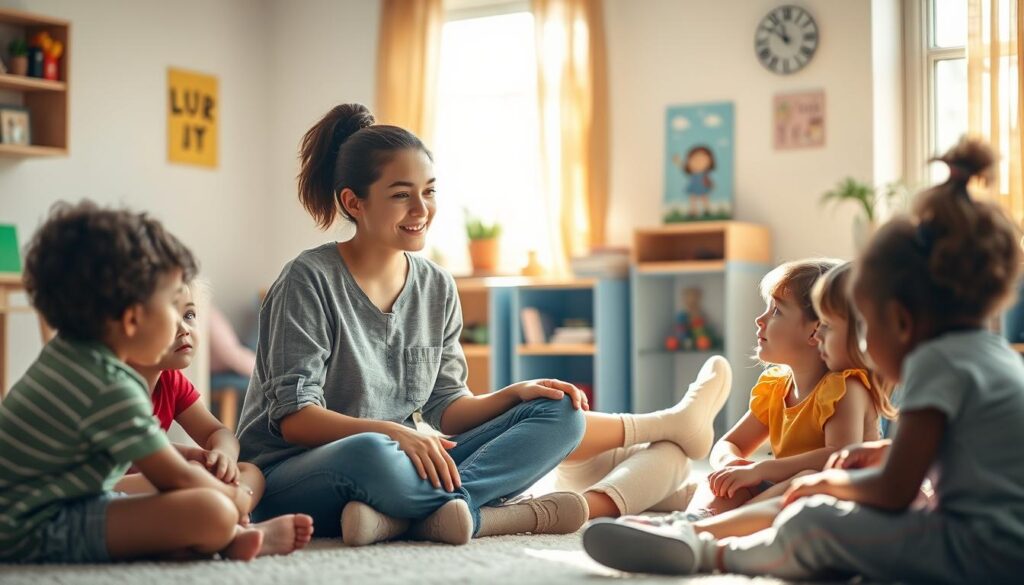 A cozy, sun-dappled room in a children's welfare center. A young, compassionate social worker sits on the floor, surrounded by a group of attentive children. The social worker's kind expression and gentle gestures convey a sense of trust and understanding as they discuss the children's concerns. The children, with earnest faces and curious eyes, listen intently, eager to share their stories and receive guidance. Warm, natural lighting filters through the windows, creating a serene and inviting atmosphere. The room is tastefully decorated with colorful, age-appropriate toys and artwork, reflecting the center's commitment to providing a nurturing environment for the children. The overall scene captures the essence of the social worker's role in supporting and empowering vulnerable youth within the child welfare system.