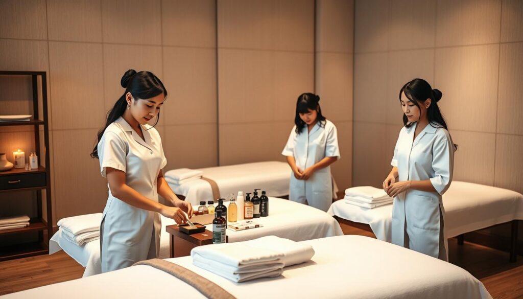 A cozy, well-lit massage studio with a minimalist, Japanese-inspired aesthetic. Three young, professional-looking Japanese massage therapists, dressed in crisp white uniforms, prepare their station with care and attention to detail. In the foreground, one therapist meticulously arranges their massage oils, tools, and linens, while the others check their equipment and the ergonomic massage tables. The background features clean, natural-toned walls, subtle lighting, and a calming, serene atmosphere, conveying a sense of professionalism and expertise. The models have lifelike, realistic features, with natural black hair and a classic Japanese appearance. The overall scene captures the essence of a massage studio ready to welcome its first clients, exuding a sense of tranquility and wellness.