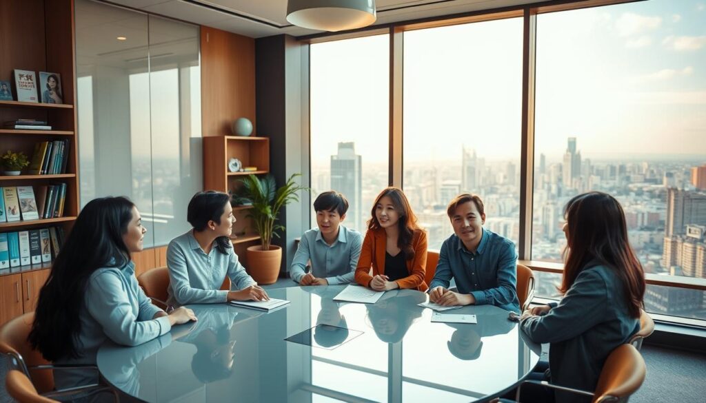 A cozy, well-lit modern office setting with a vibrant, professional atmosphere. In the foreground, a diverse group of young, casually dressed Japanese-looking models sit around a sleek, glass-topped conference table, engaged in a lively discussion. Mid-ground, the walls are lined with shelves displaying various career-oriented materials and resources. In the background, large windows offer a panoramic view of a bustling cityscape, bathed in warm, golden-hour lighting. The overall mood is one of collaboration, guidance, and a sense of possibility for the job seekers.