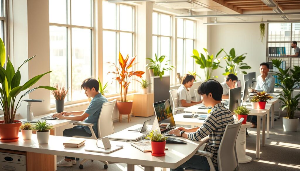 A cozy, well-lit open-concept office space with a team of young, focused Japanese-looking game writers diligently working at their desks. Sunlight streams in through large windows, casting a warm glow over the modern, minimalist furniture and sleek, ergonomic workstations. Vibrant potted plants and colorful accents add a touch of liveliness to the serene atmosphere. The writers, dressed in casual attire, are engrossed in their tasks, tapping away at their keyboards with intense concentration. An air of collaborative creativity and camaraderie permeates the space, reflecting the dynamic nature of the game writing profession.