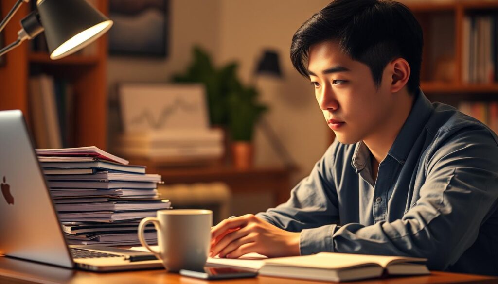 A cozy workspace filled with the tools of a diligent copywriter's trade - a sleek laptop, a stack of neatly organized notebooks, and a mug of steaming coffee. The lighting is soft and warm, casting a golden glow over the scene. The subject, a young Japanese professional, sits intently focused, their brow furrowed in concentration as they ponder the data on the screen before them. The background is blurred, creating a sense of depth and emphasizing the subject's intense engagement with their work. The overall mood is one of quiet productivity and determination, reflecting the dedication required to achieve the high average annual income of a successful copywriter.