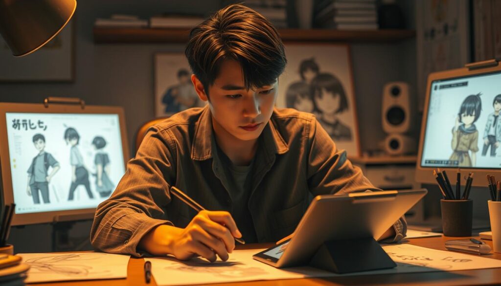 A creative character designer sits at their desk, surrounded by sketches and digital art displays. The warm lighting casts a pensive glow, highlighting the intensity of their focused expression as they work to breathe life into their latest character concept. Delicate brush strokes dance across the tablet, capturing the essence of the design - a young, black-haired Japanese individual exuding a sense of realism. The designer's brow furrows as they grapple with the balance of artistic vision and commercial demands, the pressure of their profession palpable in the atmosphere. Despite the challenge, their unwavering dedication shines through, conveying the joy and fulfillment that comes with crafting captivating characters.