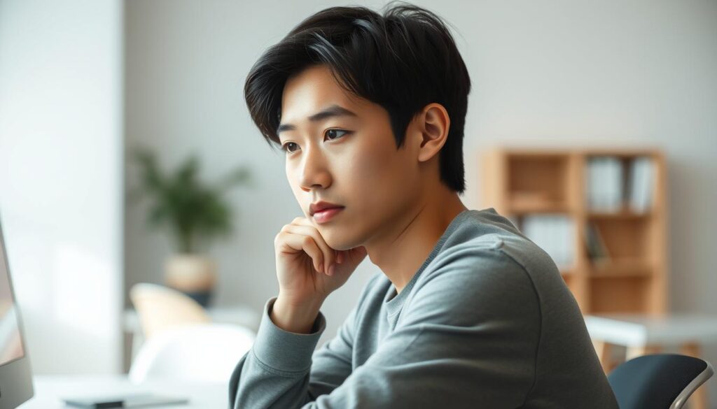 A creative director in a modern, minimalist office setting. The scene features a young, Japanese-looking professional with short, black hair sitting at a desk, surrounded by a clean, well-lit workspace. The subject has a pensive expression, deep in thought as they consider design concepts and strategy. The background is blurred, emphasizing the focused attention on the creative process. The lighting is soft and natural, evoking a contemplative mood. The camera angle is slightly elevated, giving a sense of the director's leadership and authority within the creative team.