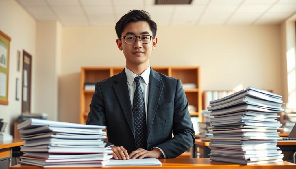 A crisp, well-lit classroom scene featuring a young, professional-looking Japanese man in a suit, standing confidently at a desk and surrounded by neatly organized stacks of documents and files. The man's expression conveys a sense of expertise and competence, reflecting the specialized skills and practical experience required for the role of a school administrator. The room is bathed in warm, natural lighting, creating a welcoming and authoritative atmosphere. The overall composition highlights the importance of the subject matter and the attention to detail necessary for this essential educational support position.