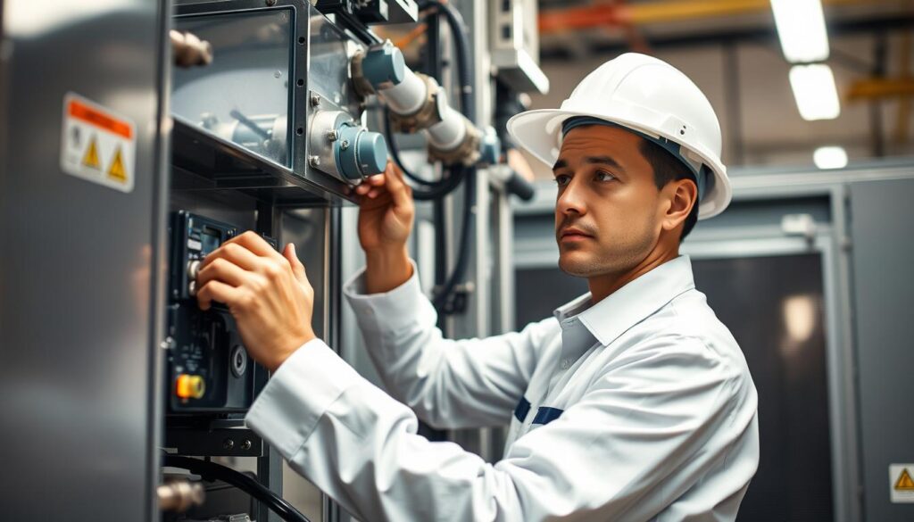 A customer engineer, dressed in a clean, crisp uniform, carefully installs a complex piece of equipment in a well-lit, modern industrial setting. The engineer's face is focused, reflecting their expertise and attention to detail as they handle the delicate machinery with precision. The scene is captured from a slightly elevated angle, showcasing the engineer's skilled movements and the intricate nature of the task at hand. The background is clean and uncluttered, allowing the viewer to focus on the engineer's actions and the equipment being installed. The lighting is warm and natural, creating a sense of professionalism and competence. The overall atmosphere conveys the importance of the engineer's role in maintaining and servicing critical equipment.