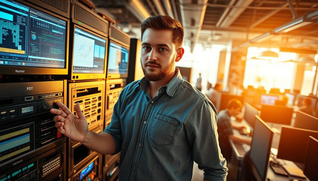 A customer engineer in the IT industry, standing tall amidst a bustling office environment, their hands deftly navigating complex computer systems. The scene is bathed in warm, natural lighting, captured through a wide-angle lens that emphasizes the engineer's central role. In the foreground, the engineer's face exudes a focused determination, their eyes scanning screens and diagrams. The middle ground showcases the diverse array of devices and technologies the engineer interacts with, from servers to workstations. In the background, a panoramic view of the open-plan office reveals the collaborative nature of the IT industry, with colleagues working in harmony. The overall atmosphere conveys the vital importance of the customer engineer's role in ensuring the smooth operation of the company's technological infrastructure.
