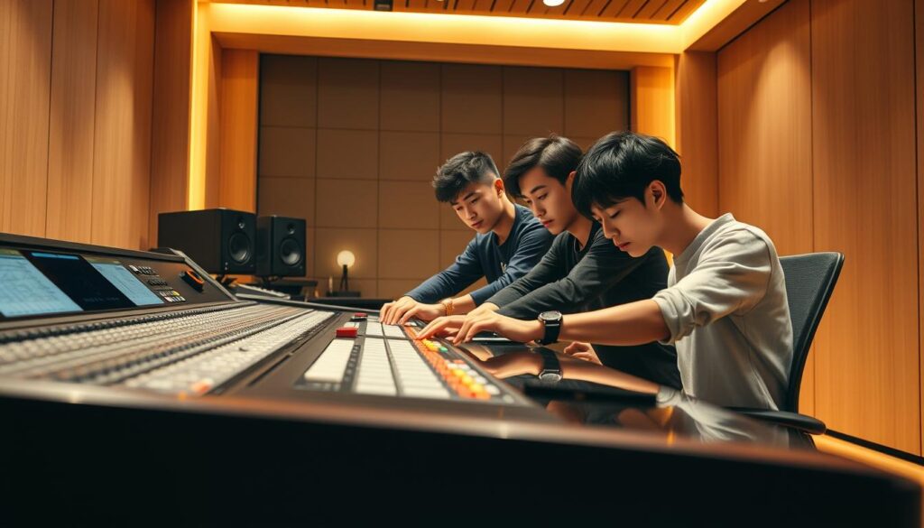 A cutting-edge recording studio with an innovative mixing console at its heart. Sleek lines and minimalist design, bathed in warm, soft lighting that creates a cozy, inviting atmosphere. A trio of young, talented sound engineers, their faces framed by sharp Japanese features, intently focused on their work, tweaking knobs and sliding faders to shape the perfect audio blend. Subtle reflections on the glossy surface of the console, a visual representation of the studio's commitment to technical excellence and sonic artistry. The scene exudes a sense of youthful energy and the spirit of innovation transforming the audio industry.