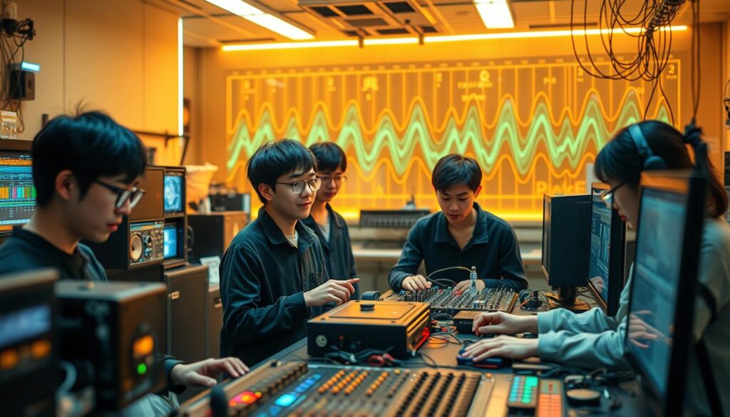 A cutting-edge research lab, filled with young Japanese researchers passionately exploring the frontiers of music technology innovation. The scene captures the essence of their work - a blend of modern electronics, intricate soundwave visualizations, and the eager energy of those pushing the boundaries of what's possible. Warm, focused lighting illuminates their faces, conveying a sense of deep concentration and intellectual curiosity. The overall atmosphere is one of dynamic, forward-thinking innovation, where the next breakthroughs in audio engineering and digital music creation are taking shape.