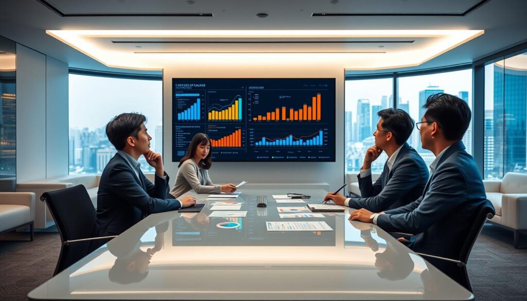 A data visualization dashboard showcasing a comprehensive analysis of career consultant salary data. The foreground features a group of young, Japanese-looking individuals seated around a sleek conference table, intently examining charts and graphs displayed on a large wall-mounted screen. The middle ground shows a polished, minimalist office environment with modern furniture and lighting, creating a professional and contemporary atmosphere. The background subtly suggests a bustling cityscape through a panoramic window, hinting at the broader context and the dynamic nature of the career consulting industry. The overall mood is one of focused concentration, data-driven insights, and a commitment to understanding the nuances of the career consultant salary landscape.
