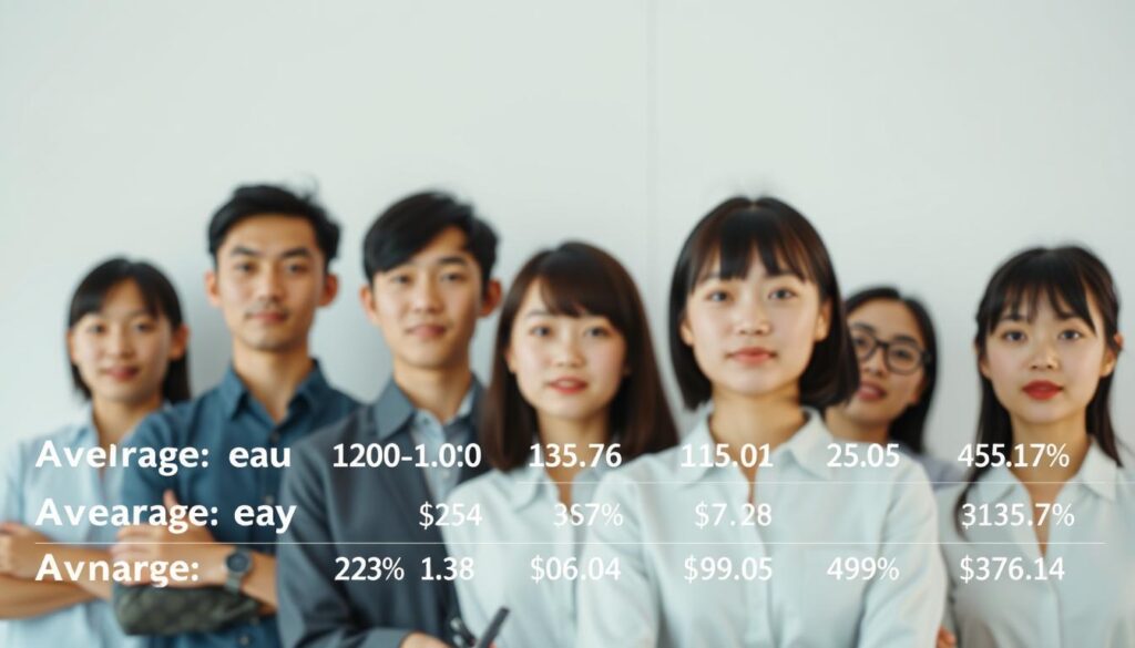 A data visualization depicting the average annual incomes across Japan's IT industry, showcasing a group of young, Japanese-looking professionals against a clean, minimalist backdrop. The subjects are shown from the waist up, facing the camera with neutral expressions, conveying a sense of professionalism and expertise. The image is captured with a shallow depth of field, allowing the subjects to be the focal point while the background remains slightly blurred, creating a sense of depth and emphasis on the data being presented. The lighting is soft and diffused, creating a warm, inviting atmosphere that complements the subject matter. The overall composition is balanced and cohesive, drawing the viewer's attention to the key information being conveyed.