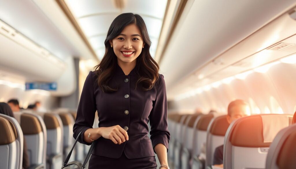 A day in the life of a cabin attendant: A young, Japanese-looking woman with dark hair steps briskly through the bustling airport, her crisp uniform and warm smile exuding professionalism. She expertly checks passenger manifests, stows carry-on bags, and guides first-class passengers to their seats with graceful efficiency. As the plane takes off, she attends to the needs of each traveler, serving meals, offering refreshments, and ensuring the utmost comfort. With an eye for detail and a calming presence, she navigates the aisles, tending to every request with unwavering poise. The cabin glows with a soft, natural light, creating an atmosphere of tranquility and care as the attendant carries out her duties with the highest level of service.