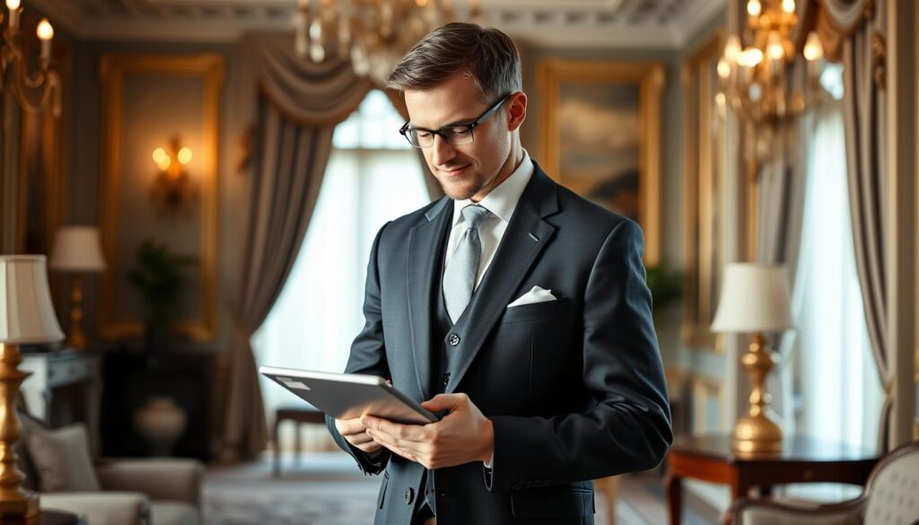 A detailed analysis of the annual income of a professional butler. A neatly dressed man in a formal suit stands in a well-appointed interior, surrounded by lavish furnishings and decor. Soft, natural lighting illuminates his thoughtful expression as he reviews financial data on a tablet. The scene conveys a sense of quiet sophistication and attention to detail, reflecting the precise, discreet nature of the butler's responsibilities. The image should capture the essence of the butler's role - a highly skilled professional whose expertise and discretion contribute to the smooth operation of a distinguished household.