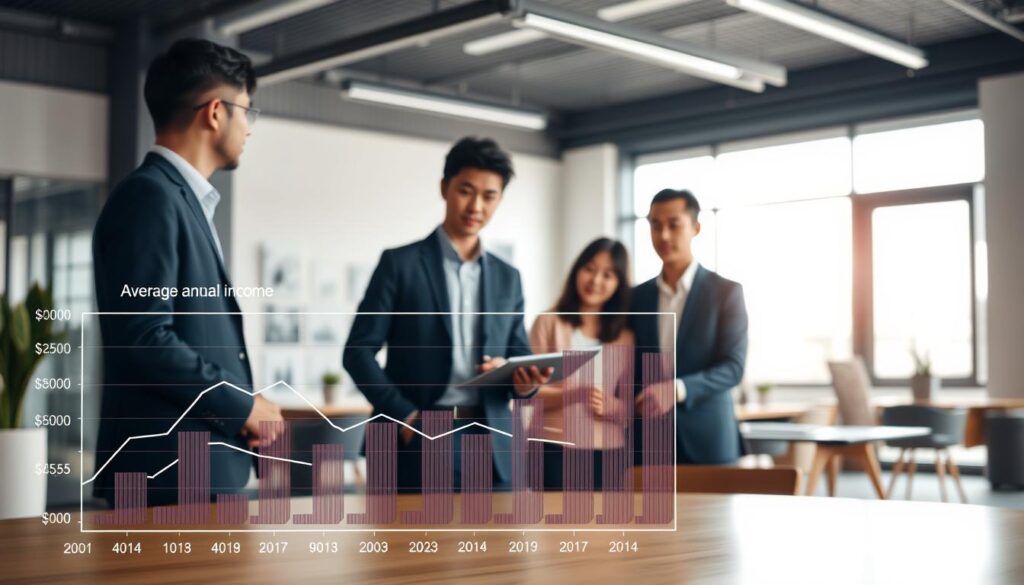 A detailed analysis of the average annual income for architectural professionals, showcasing a team of three young Japanese-looking individuals in a stylish, well-lit office setting. The foreground features a financial chart or graph displaying salary data, while the middle ground depicts the architects engaged in discussion, with a modern, minimalist interior design in the background, complete with clean lines, natural materials, and ample natural lighting. The overall mood is one of professionalism, data-driven decision making, and a deep understanding of the architecture industry's compensation landscape.