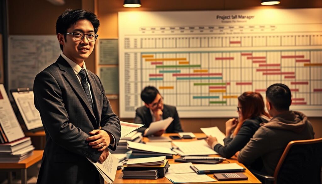 A detailed and dynamic scene showcasing the multifaceted role of a project manager. In the foreground, a young Japanese professional in a tailored suit stands confidently, surrounded by a variety of project management tools and documents. The middle ground depicts them leading a team meeting, gesturing animatedly as they coordinate tasks and deadlines. In the background, a complex project timeline and Gantt chart are displayed, reflecting the meticulous planning and oversight required. Warm, directional lighting illuminates the scene, creating a sense of focus and determination. The overall atmosphere conveys the nuanced skills and responsibilities of a project manager - strategic thinking, interpersonal leadership, and technical expertise.