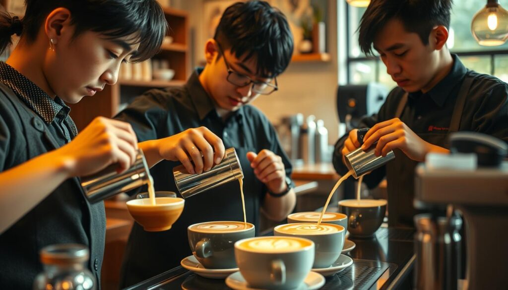 A detailed and meticulously crafted scene of young Japanese baristas skillfully pouring and manipulating latte foam, capturing the fundamental patterns and techniques of latte art. The scene is set in a cozy, well-lit café, with the baristas working diligently at their stations, their focused expressions and precise movements conveying the artistry and expertise required to create these intricate coffee designs. The lighting is warm and natural, casting a soft glow over the scene and highlighting the velvety texture of the latte foam. The background is subtly blurred, keeping the viewer's attention firmly on the captivating latte art being created before their eyes.