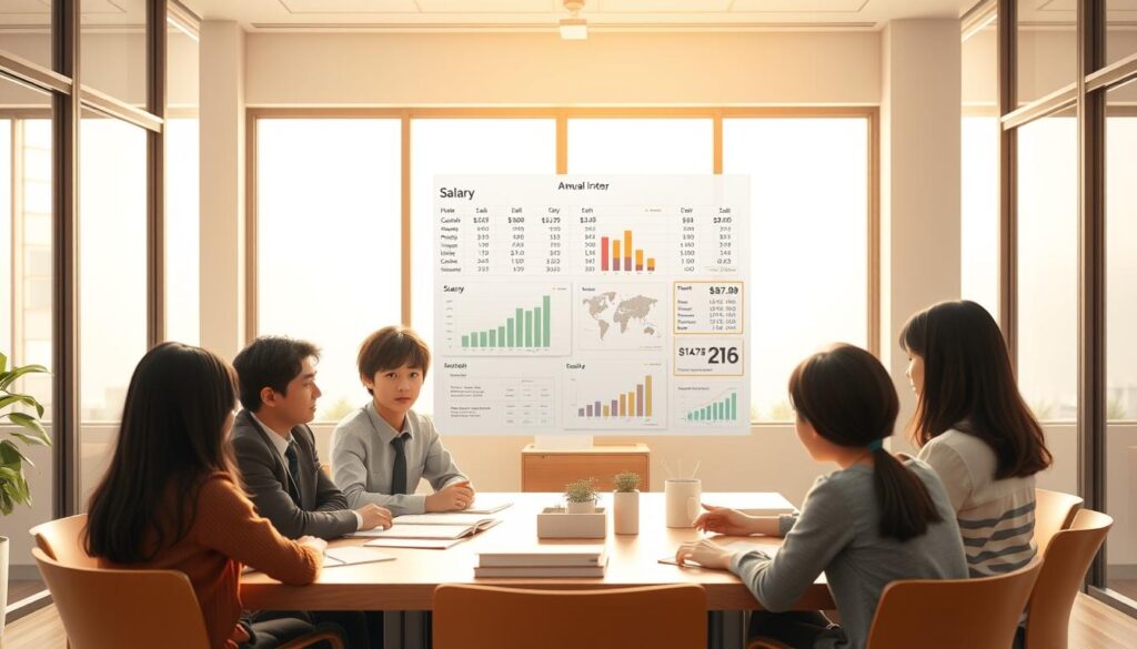 A detailed and realistic scene of a Japanese school counselor's annual income. In the foreground, a group of young, dark-haired Japanese individuals sit around a conference table, engaged in a serious discussion. The lighting is warm and natural, creating a professional yet approachable atmosphere. In the middle ground, various financial documents and charts are displayed, highlighting the counselor's salary and benefits. The background features a modern, minimalist office setting with large windows allowing natural light to flood the space. The overall mood is one of thoughtful analysis and transparency, reflecting the importance of understanding school counselors' compensation.
