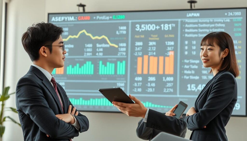 A detailed and well-composed image showcasing the average annual income and salary range of project managers in Japan. The scene depicts three young, Japanese-looking professionals in a modern office setting, poised with focused expressions as they analyze financial data and statistics projected on a large screen behind them. Soft, natural lighting illuminates the scene, creating a professional and authoritative atmosphere. The image should convey the core information about project manager salaries in a visually engaging and informative manner.