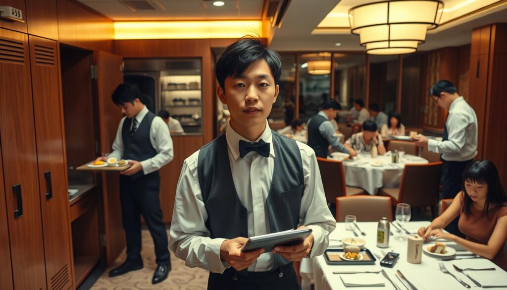 A detailed, behind-the-scenes look at the daily schedule of a dedicated hotel server. The scene opens in the staff locker room, where a young Japanese man in a crisp uniform meticulously checks his appearance before heading out. He navigates the bustling kitchen, taking orders and delivering trays of food with practiced efficiency. In the dining room, he glides between tables, refilling water glasses and clearing plates with a warm, polite demeanor. As the lunchtime rush subsides, he takes a brief respite in the staff lounge, reviewing his notes before the evening shift begins. The image captures the unsung hard work and attentive service that defines the life of a professional hotel server.