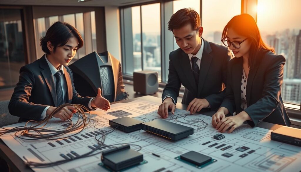 A detailed blueprint of a complex computer network system takes shape, with sleek cables, intricate routers, and state-of-the-art servers arranged in a harmonious layout. Young Japanese-looking engineers in formal attire examine the diagrams, their expressions focused as they meticulously plan the infrastructure. Warm lighting casts a professional ambiance, while the background features an expansive office space with floor-to-ceiling windows overlooking a bustling cityscape. The scene conveys the precision, expertise, and strategic thinking involved in the network design process.