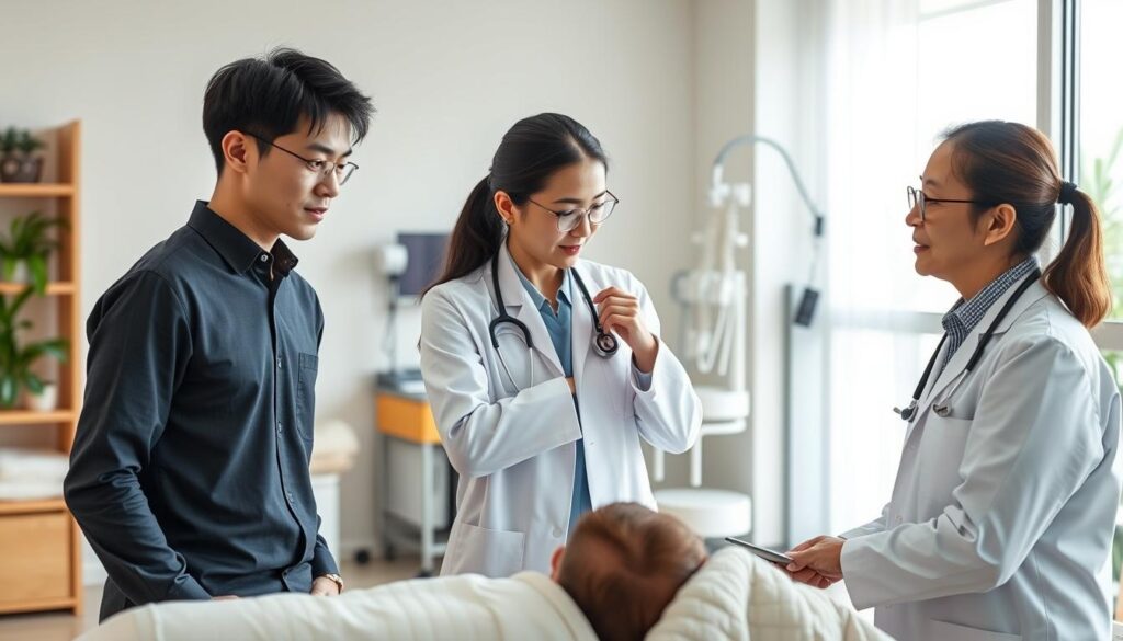 A detailed career progression for a Japanese chiropractor, showcasing their path from early training to accomplished practice. Depict a serene, modern clinic setting with natural lighting, clean lines, and ergonomic medical equipment. Feature three chiropractors of varying ages and experience levels - a young student, a mid-career professional, and a seasoned expert - engaged in patient consultations, spinal adjustments, and educational discussions. Convey a sense of expertise, dedication, and holistic wellness through the practitioners' thoughtful expressions and body language. The overall atmosphere should exude a balance of clinical professionalism and approachable, patient-centered care.