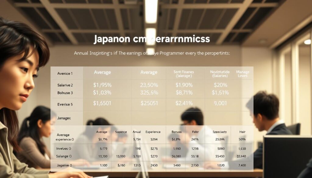 A detailed chart depicting the annual earnings of Japanese programmers, showcased against a backdrop of a sleek, modern office setting. The foreground features a group of young, professional individuals, with lifelike facial features and dark hair, engrossed in their work at desk stations. Soft, diffused lighting illuminates the scene, creating a warm and productive atmosphere. The middle ground showcases a comprehensive data visualization, displaying the average salaries, bonuses, and benefits for programmers across various experience levels and specializations. The background maintains a minimalist, clean design, allowing the financial insights to take center stage. The overall composition conveys a sense of analytical depth and career progression within the programming industry.
