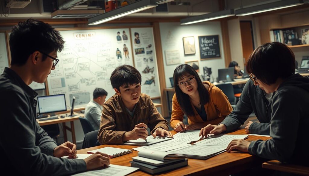A detailed, cinematic scene depicting the collaborative game scenario writing process. In the foreground, a group of young, Japanese-looking writers huddle around a table, intently discussing a script, gesturing passionately. In the middle ground, a whiteboard is filled with mind maps, character sketches, and narrative outlines. The background features a panoramic view of a bustling game studio, with developers coding at their desks and designers sketching concepts. Warm, focused lighting illuminates the earnest expressions of the writers as they meticulously craft an immersive, character-driven story. The atmosphere is one of creative energy, as the team works in harmony to bring their narrative vision to life.