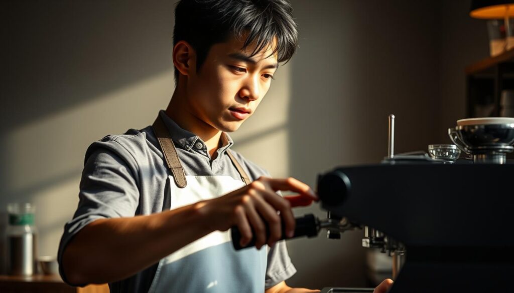 A detailed, close-up portrait of a young Japanese barista, meticulously crafted with photorealistic precision. The subject stands in a well-lit, minimalist coffee shop setting, wearing a crisp white apron and wielding a professional-grade espresso machine, exuding expertise and passion. The lighting casts dramatic shadows, highlighting the intricate details of the barista's hands as they deftly prepare a fragrant cup of coffee. The background is blurred, placing the focus squarely on the barista's concentrated expression and the tools of their trade, conveying the specialized knowledge and dedication required for this profession.