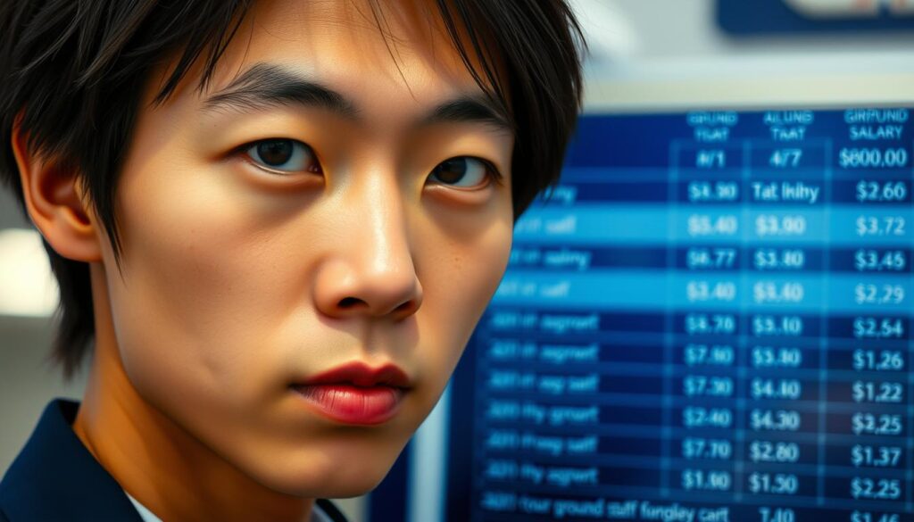 A detailed close-up shot of a young Japanese-looking person's face and shoulders, captured in a realistic photographic style. The subject has a serious yet thoughtful expression, with dark hair framing their face. The lighting is soft and diffused, creating a warm, contemplative atmosphere. In the background, a blurred chart or diagram displaying salary information and pay structures for a "ground staff" or airport personnel role. The overall image conveys a sense of professionalism and the importance of understanding the financial aspects of this type of career.
